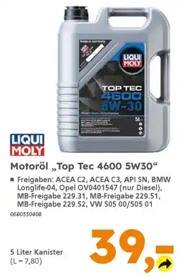 Globus Baumarkt LIQUI MOLY Motoröl „Top Tec 4600 5W30" Angebot