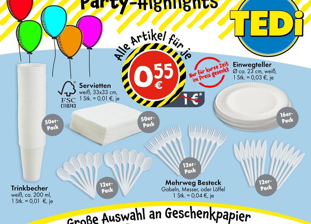 Tedi trinkbecher oder servietten oder einwegteller oder mehrweg besteck Angebot bei TEDi