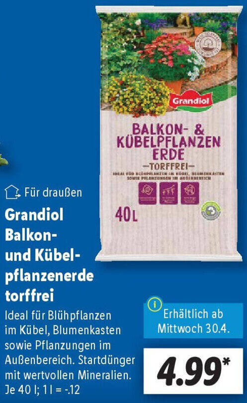Grandiol Balkon und Kbelpflanzenerde torffrei 40 l Angebot bei Lidl