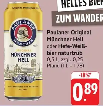 Edeka Paulaner Original Münchner Hell oder Hefe-Weiß- bier naturtrüb Angebot