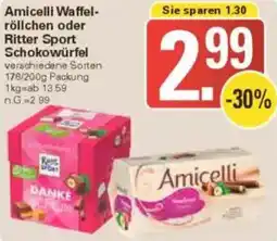 WEZ Amicelli Waffelröllchen oder Ritter Sport Schokowürfel Angebot