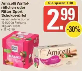 WEZ Amicelli Waffelröllchen oder Ritter Sport Schokowürfel Angebot