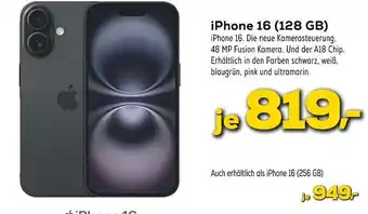 Euronics Apple iphone 16 (128 gb) oder iphone 16 (256 gb) Angebot