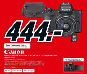 MediaMarkt Canon EOS M50 EF-M 15-45mmf/3.5-6.3+Tasche + 16 GB Speicherkarte Systemkamera Angebot