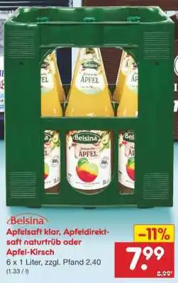 Netto Marken-Discount Belsina Apfelsaft klar, Apfeldirektsaft naturtrüb oder Apfel-Kirsch Angebot