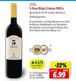 Lidl 5 Oros Rioja Crianza DOCa Angebot