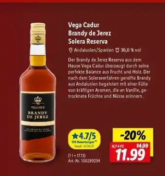 Lidl Vega Cadur Brandy de Jerez Solera Reserva Angebot
