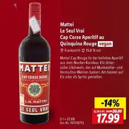 Lidl Mattei Le Seul Vrai Cap Corse Aperitif au Quinquina Rouge vegan Angebot