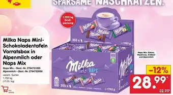 Netto Marken-Discount Milka naps mini-schokoladentafeln vorratsbox in alpenmilch oder naps mix Angebot