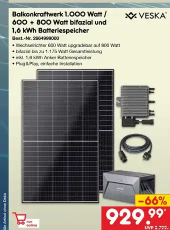 Netto Marken-Discount Veska balkonkraftwerk 1.000 watt / 600 + 800 watt bifazial und 1,6 kwh batteriespeicher Angebot