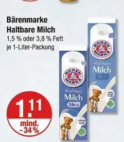 V Markt Bärenmarke haltbare milch 1,5 % oder 3,8 % fett Angebot