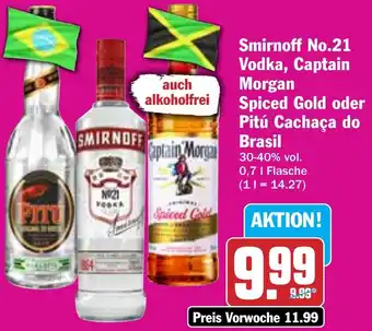 AEZ Smirnoff No.21 Vodka, Captain Morgan Spiced Gold oder Pitú Cachaça do Brasil Angebot