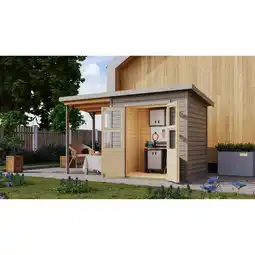 toom Baumarkt Karibu Gartenhaus-Set 'Berseburg 3' Fichtenholz vorvergraut mit Anbaudach 370 x 219 x 154 cm Angebot