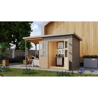 toom Baumarkt Karibu Gartenhaus-Set 'Berseburg 3' Fichtenholz vorvergraut mit Anbaudach 370 x 219 x 154 cm Angebot