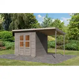 toom Baumarkt Karibu Gartenhaus-Set 'Berseburg 4' Fichtenholz vorvergraut mit Anbaudach 370 x 219 x 214 cm Angebot