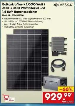 Netto Marken-Discount Balkonkraftwerk 1.000 Watt / 600 + 800 Watt bifazial und 1,6 kWh Batteriespeicher Angebot
