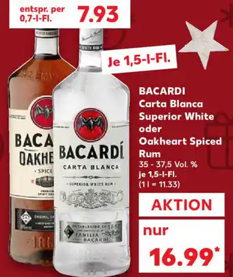 Kaufland Bacardi Carta Blanca Superior White oder Oakheart Spiced Rum 1,5L Angebot