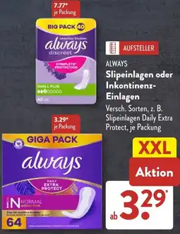 Aldi Süd ALWAYS Slipeinlagen oder Inkontinenz Einlagen Angebot