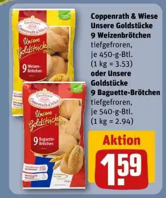 REWE Coppenrath & Wiese Unsere Goldstücke 9 Weizenbrötchen oder Unsere Goldstücke 9 Baguette-Brötchen Angebot