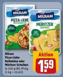 REWE Milram Pizza-Liebe Reibekäse oder Müritzer Scheiben Angebot
