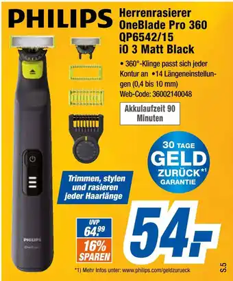 Expert Philips herrenrasierer oneblade pro 360 qp6542/15 io 3 matt black Angebot