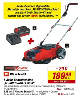 toom Baumarkt Einhell akku-kehrmaschine „te-sw 18/610 li-solo“ und 4,0-ah-starter-kit Angebot