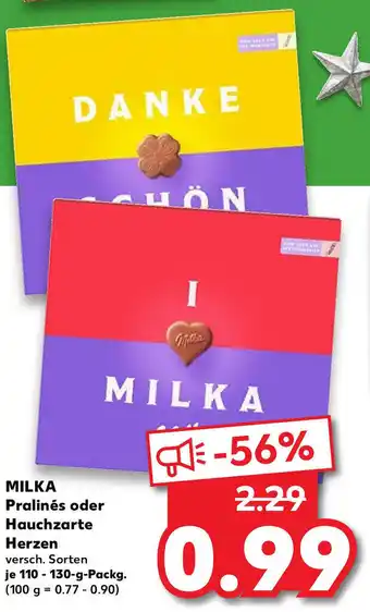 Kaufland Milka Pralinen oder Hauchzarte Herzen 110/130g Packg. Angebot