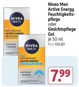 Rossmann Nivea Men Active Energy Feuchtigkeits- pflege oder Gesichtspflege Gel Angebot