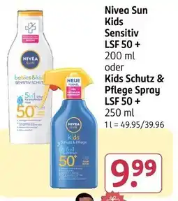 Rossmann Nivea Sun Kids Sensitiv LSF 50+ oder Kids Schutz & Pflege Spray LSF 50+ Angebot