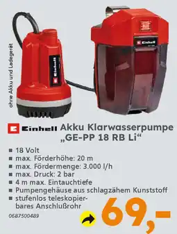 Globus Baumarkt Einhell Akku Klarwasserpumpe ,GE-PP 18 RB Li❝ Angebot