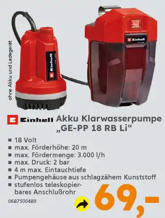 Globus Baumarkt Einhell Akku Klarwasserpumpe ,GE-PP 18 RB Li❝ Angebot