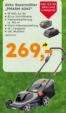 Globus Baumarkt PRIMASTER Akku Rasenmäher ,,PMARM 4043" Angebot