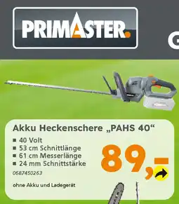 Globus Baumarkt PRIMASTER Akku Heckenschere ,,PAHS 40" Angebot