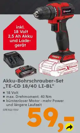 Globus Baumarkt Einhell Akku-Bohrschrauber-Set „TE-CD 18/40 LI-BL" Angebot