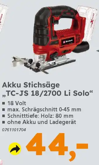 Globus Baumarkt Einhell Akku Stichsäge ,,TC-JS 18/2700 Li Solo" Angebot