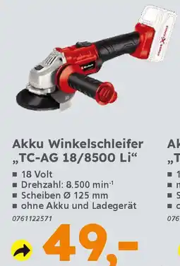Globus Baumarkt Einhell Akku Winkelschleifer ,,TC-AG 18/8500 Li❝ Angebot