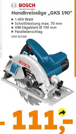 Globus Baumarkt BOSCH Handkreissäge „,GKS 190" Angebot