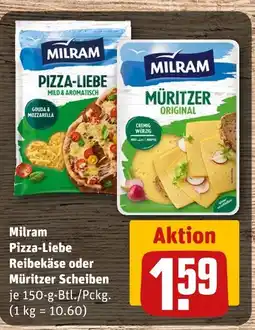 REWE Milram pizza-liebe reibekäse oder müritzer scheiben Angebot