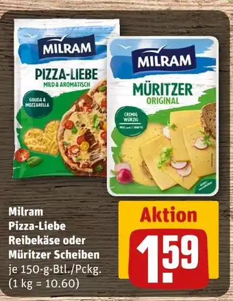 REWE Milram pizza-liebe reibekäse oder müritzer scheiben Angebot