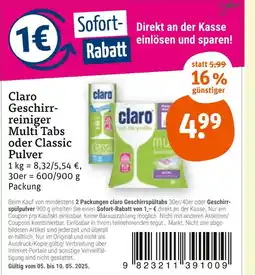 tegut Claro geschirrreiniger multi tabs oder classic pulver Angebot