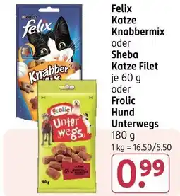 Rossmann Felix Katze Knabbermix oder Sheba Katze Filet oder Frolic Unter wegs Angebot