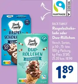 Aldi Süd BACK FAMILY Raspelschokolade oder Duo-Röllchen Angebot