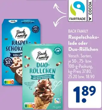 Aldi Süd BACK FAMILY Raspelschokolade oder Duo-Röllchen Angebot