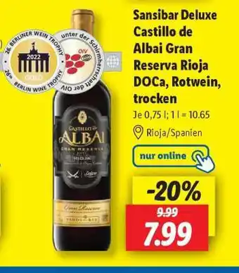 Lidl Sansibar Deluxe Castillo de Albai Gran Reserva Rioja DOCa, Rotwein, trocken Angebot