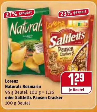 REWE Lorenz Naturals Rosmarin oder Saltletts Pausen Cracker 95g/100g Angebot