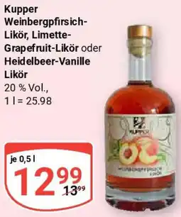 Globus Kupper Weinbergpfirsich Likör, Limette Grapefruit-Likör oder Heidelbeer-Vanille Likör Angebot