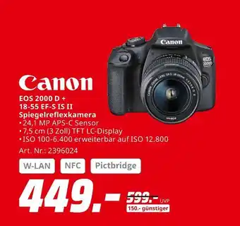 MediaMarkt Canon eos 2000 d + 18-55 ef-s is ii spiegelreflexkamera Angebot