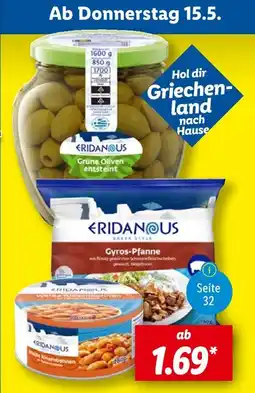 Lidl Eridanous grüne oliven entsteint oder gyros-pfanne oder weiße riesenbohnen Angebot