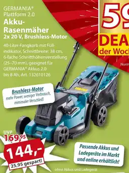 Sonderpreis Baumarkt GERMANIA Plattform 2.0 Akku- Rasenmäher 2x 20 V, Brushless-Motor Angebot