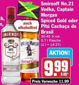 Hit Smirnoff No.21 Vodka, Captain Morgan Spiced Gold oder Pitú Cachaça do Brasil Angebot